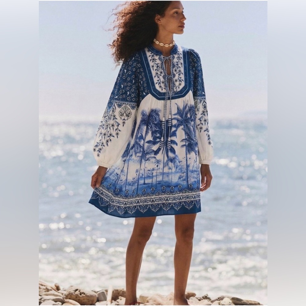 FARM RIO Palm Tree Beach Printed Linen-blend Mini Dress - Picture 8 of 8